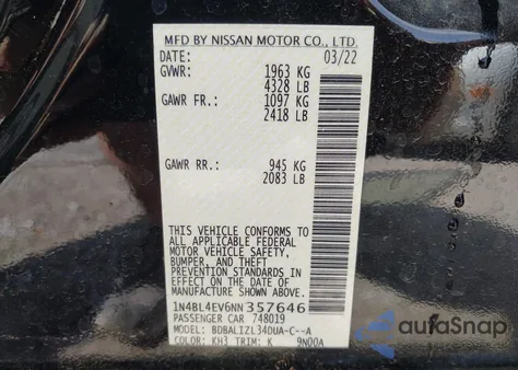 2022 Nissan Altima Sl Fwd из США, поврежденный, VIN 1N4BL4EV6NN357646